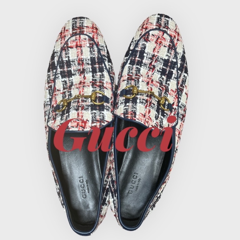 Gucci - Red/White/Blue Tweed Horsebit Jordaan Loafers Size